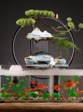 创中式循环流水鱼缸办摆开件YZS招财纳福客厅公室桌面装意饰品业