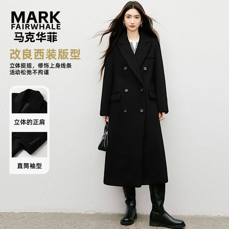 马克华菲女装英伦风过膝长款西装秋冬御寒保暖气质毛呢大衣外套