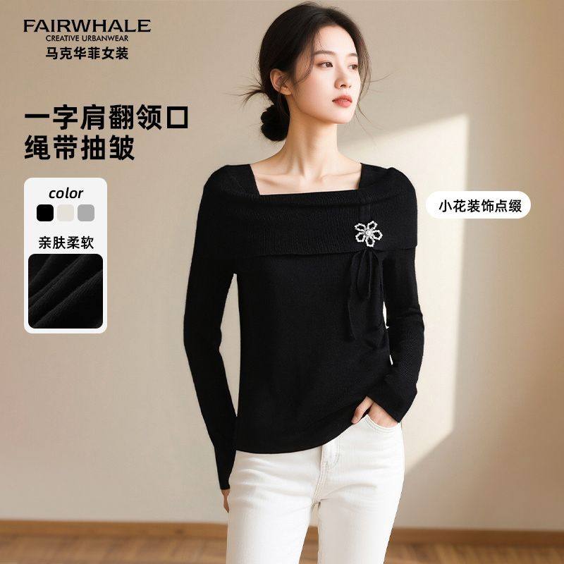 马克华菲女装设计感方领针织衫2026春装女士不规则修身显瘦套头衫