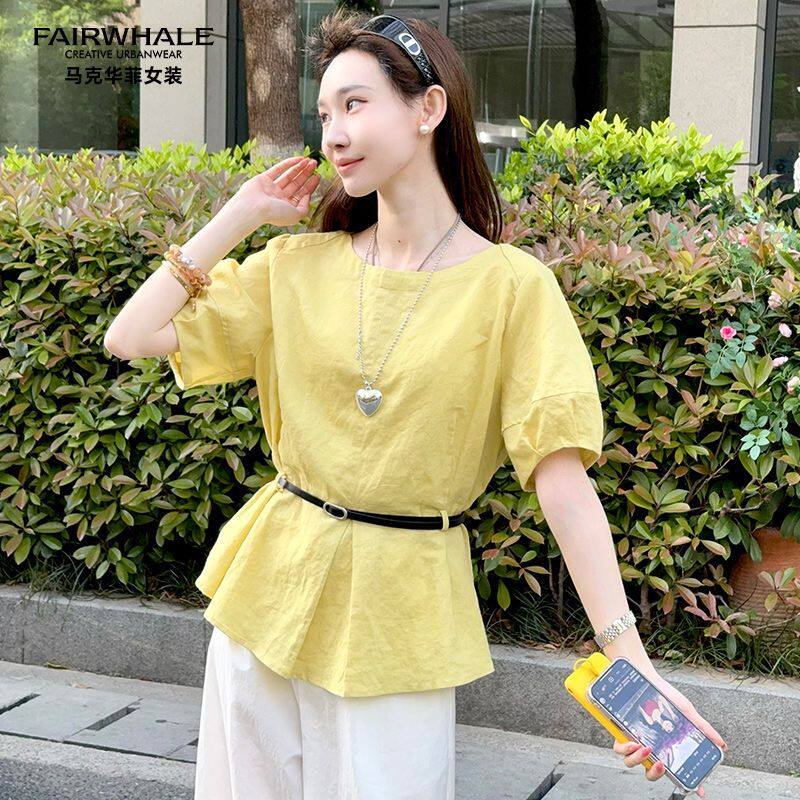 马克华菲女装2026早春新品短袖衬衫舒适休闲收腰泡泡袖圆领上衣