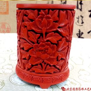 特色礼品摆件质量保障雕漆手工雕刻木胎老货剔红4寸富贵有余笔筒