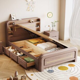 轻奢儿童实木床纯实木1米1.2米1.35小户型侧开气压高箱储物单人床