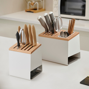 白色厨房刀架置物架实木台u面刀具刀座筷子一体收纳架收纳菜刀架