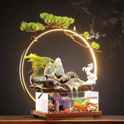 新鱼中式ZPI高山流水摆件缸假山招财办室公桌面客乔迁新居开业礼