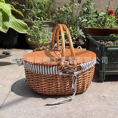 篮野餐户外10562郊藤编野餐篮子手提织带盖餐编具春游网红用品游