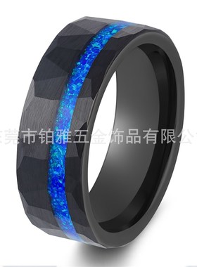 欧美热卖婚戒电黑8mm锤纹钨钢戒指镶蓝色澳宝