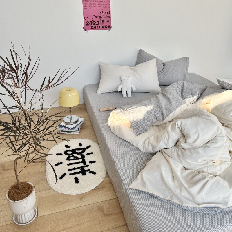 韩系博主风条纹纯色双拼水洗棉床单款床笠学生男生粉色四件套