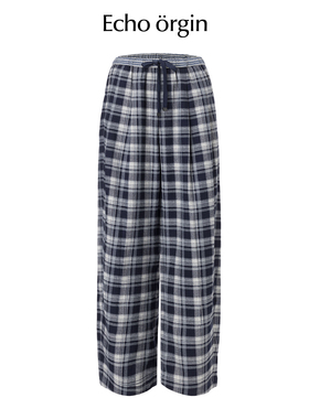 EO设计师品牌复古收褶格子休闲版型抽绳松紧腰宽松阔腿直筒格子裤