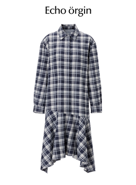 EO设计师品牌秋冬新款不规则格纹拼接连衣裙气质叠穿百搭衬衫裙子