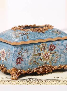 欧式盒轻奢创意客彩绘工艺纸巾盒树脂抽桌纸家居952厅面装饰摆件