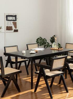 中古藤编XMQ餐靠背黑色实椅木简约户型小宿茶楼民日式昌迪加尔椅