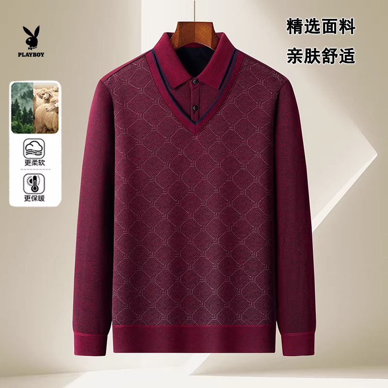 花花公子男士假两件翻领针织毛衣红色加绒保暖爸爸装休闲风常规款