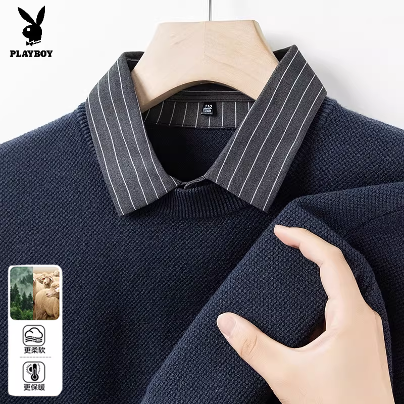 花花公子男士假两件衬衫领针织衫宽松休闲毛衣2025新款休闲风薄款