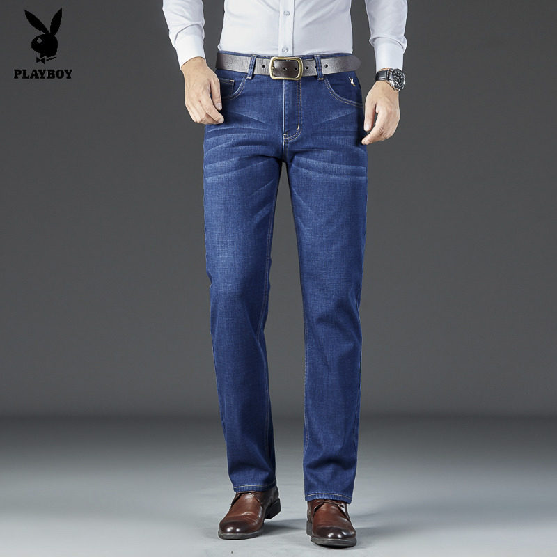 花花公子春夏厚款牛仔裤男商务中年爸爸宽松微弹直筒加厚长裤子