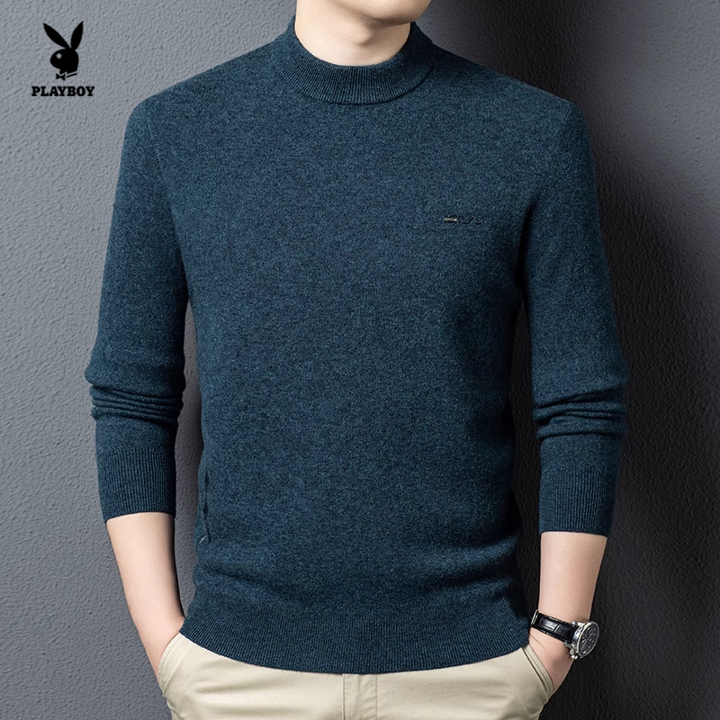 花花公子100%绵羊毛衫男士半高领修身针织衫保暖