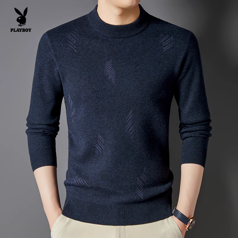 花花公子男士半高领绵羊毛针织衫修身加厚毛衣2025年秋季简约风格