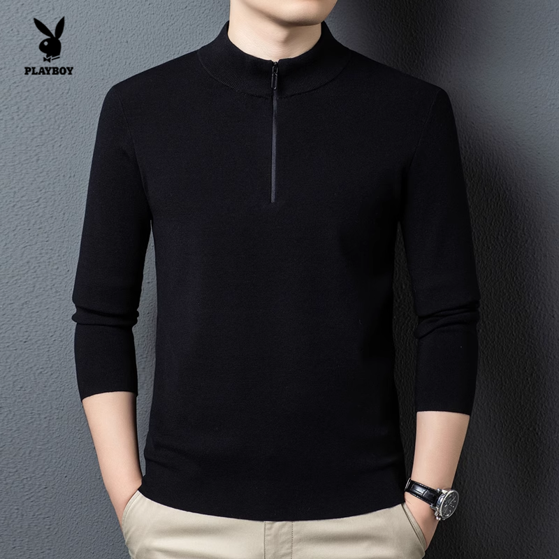 花花公子男士羊毛衫半高领拉链针织衫休闲保暖毛衣黑色
