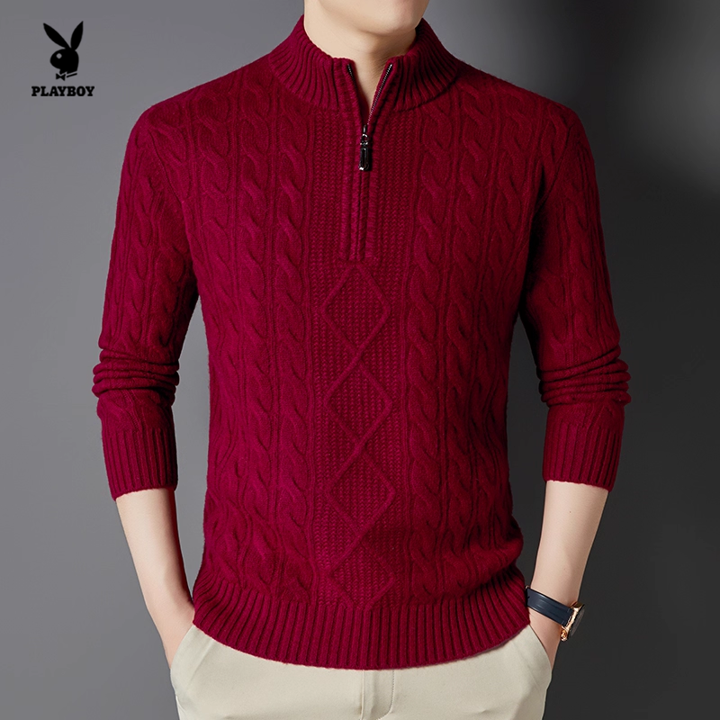 花花公子半高领拉链针织衫男红色绵羊毛休闲毛衣