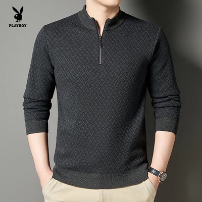 花花公子男士半拉链立领针织衫黑灰色保暖打底衫毛衣