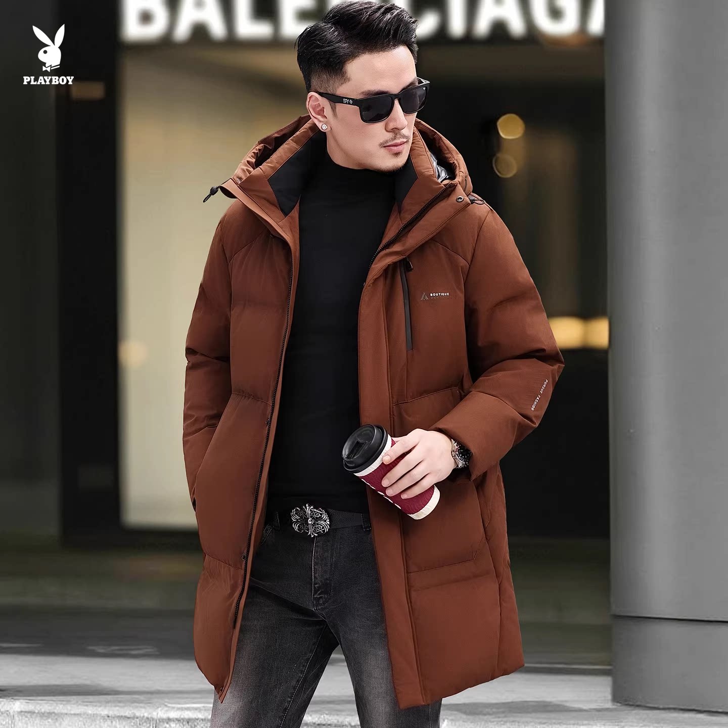 花花公子中长款连帽羽绒服 冬季男士保暖防风外套2025新款男款