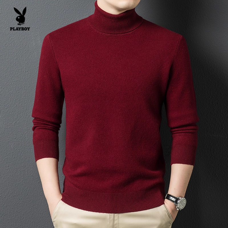 花花公子男士高领绵羊毛针织毛衣秋冬加厚红色