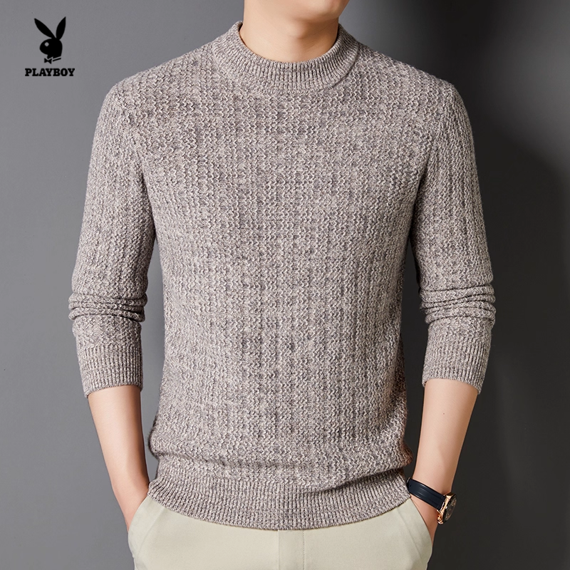 花花公子男士100%绵羊毛圆领针织衫中年宽松毛衣