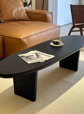 北桌欧黑色实木椭形茶几家用榻榻米UKK客沙厅圆发小茶飘窗原木茶