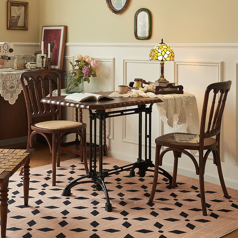 复古法式实木花边餐桌长方形中古餐厅咖啡桌家用甜品Y店餐桌椅组