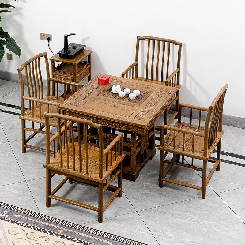 红木家具鸡翅木茶l台实木泡茶桌正方形茶几圈椅凳子组合中式棋牌