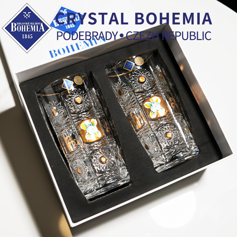 捷克BOHEMIA进口水晶玻璃珐琅花饮料果汁啤酒水杯子酒具礼盒套装