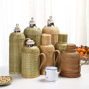 竹编热水瓶传统复古玻璃内胆大容量暖瓶茶室木塞保温壶餐厅开水瓶