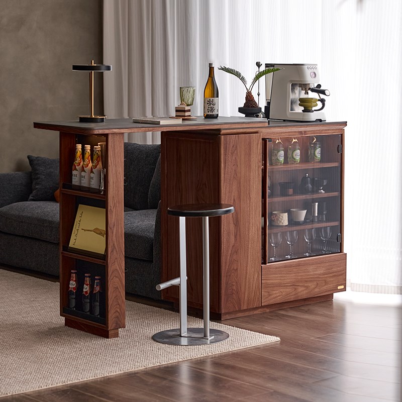 实木可伸缩岛台沙发边柜餐厅黑胡桃木餐边柜Q展示吧台酒柜咖啡柜