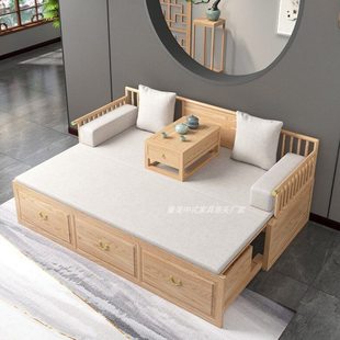 实木推拉罗汉床禅意仿古新中式白蜡木伸缩沙发床小户型多功能储物