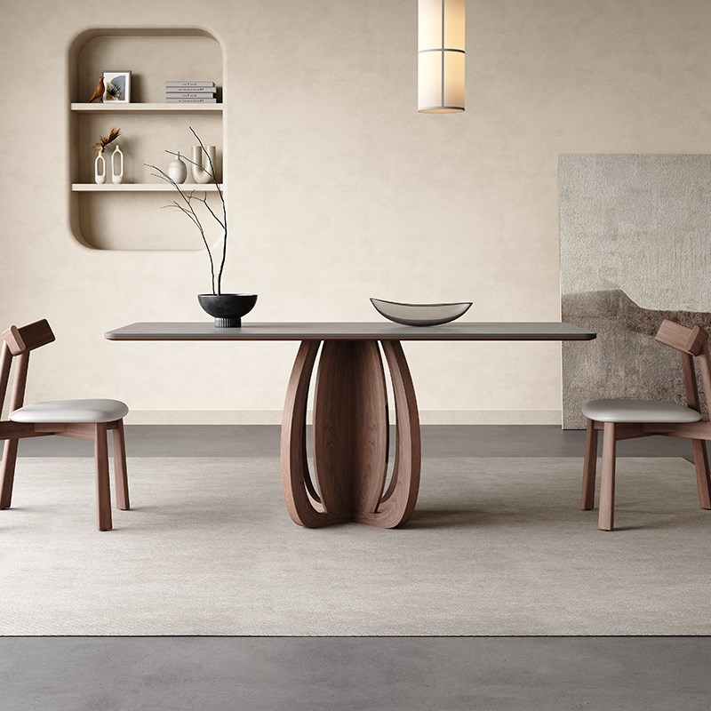 北欧实木岩板餐桌现代简约家用小户型橡木意式全S托哑光岩板餐桌