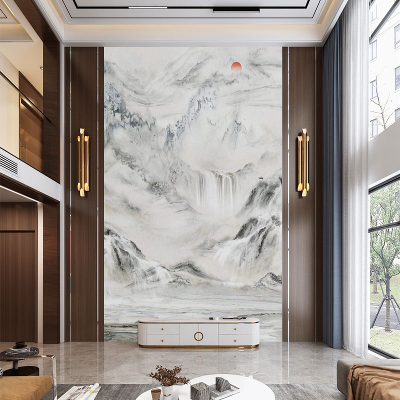壁纸定制3d中式山水玄r关背景墙壁纸别墅挑高复式壁布客厅墙布壁