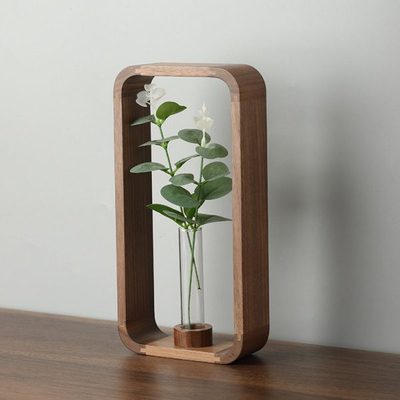 实木花插花器玻璃花瓶黑胡桃小花瓶摆件室内水培植物容器客厅插花