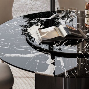 天然宝格丽黑奢石圆餐桌意式轻奢高级感家用Q别墅大理石圆形餐桌