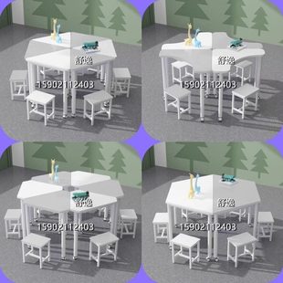 学生团体活动桌椅组合浅灰白色梯形阅览桌培训机构六边形拼接桌子