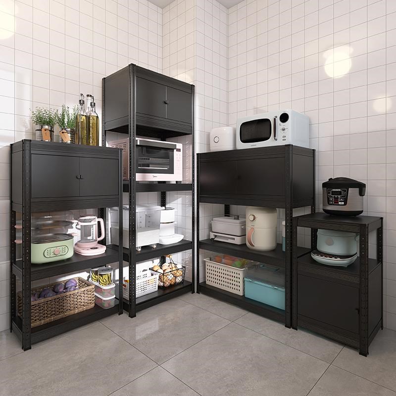 峰阳黑色厨房置物架落地多层微波炉烤箱架子收纳架家用Y加柜门m1