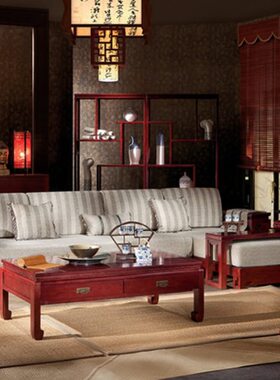 Z002实木中式转角贵妃沙发新中式家具榆木贵妃榻沙发布艺转角沙发