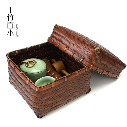 复古收纳盒手工i竹编茶具盒桌面收纳筐竹工艺品带盖竹筐家用首饰