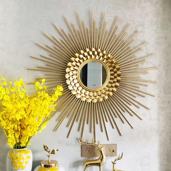 圆形太阳艺术镜轻奢壁挂餐厅墙面铁艺装饰镜背景墙美式玄关镜子