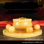 米黄玉七星阵摆件米黄玉铜球玉葫芦玉聚盆工艺品