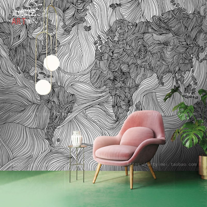 现代简约黑白个性创意壁纸客厅背景C墙纸卧室民宿定制壁画酒店墙