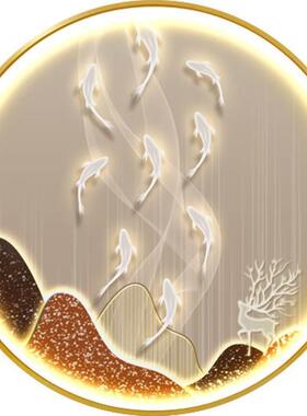 网红HXM24364圆形现高代简约鱼图晶瓷发背光装饰画玄关景大气档沙