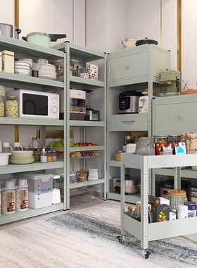 灰绿色厨房置物架落地式多层微波炉烤箱收纳储物放锅架子省空间无