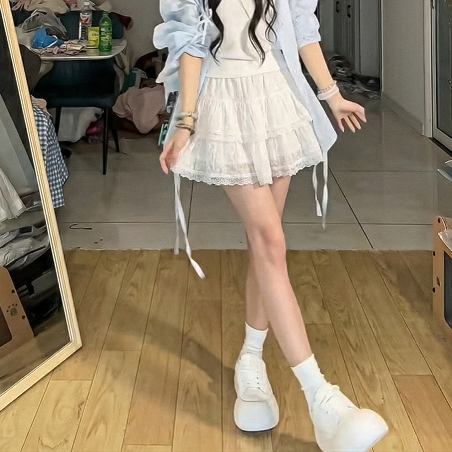法式白色韩版高腰蛋糕半身裙女春2026花边休闲微弹修身型A型短裙