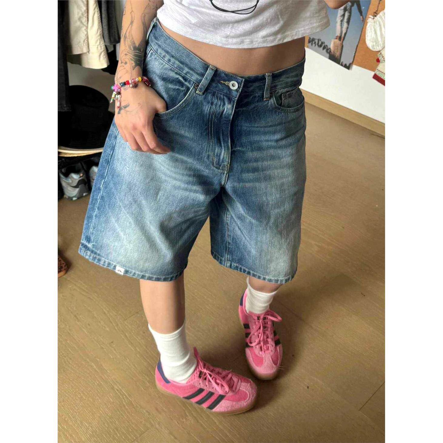 美式复古蓝色牛仔五分裤女夏季辣妹宽松中裤休闲浅色直筒低腰短裤