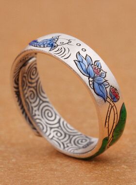 珐琅彩银戒指女9999纯银复古个性时尚简约开口可调节景泰然指环