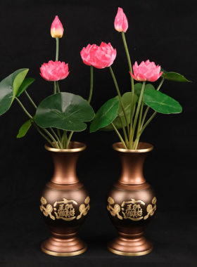 纯铜佛前供花瓶一对 家用礼佛供奉菩萨供瓶 招财 佛字 佛堂净水瓶